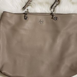 Tory Burch Pebbled Leather Shoulder Tote in Taupe